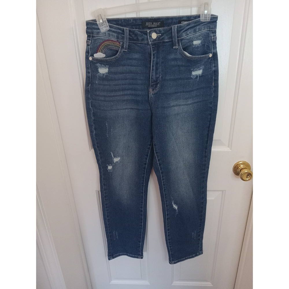 Judy Blue‎ Denim Jeans Sz 9/29 Rainbow JB88438 Distressed High Rise Straight Fit
